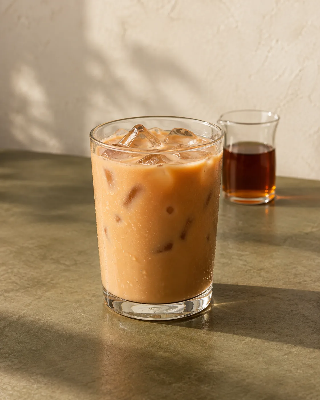 Serving illustration of iced milk tea beside amber tea concentrate
